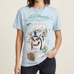 Ed Hardy y2k 2000s Graphic T-Shirt Size Medium Blue Skull